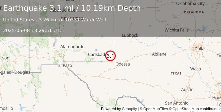 Earthquake 14 km SSW of Eunice, New Mexico (3.1 ml) (2025-05-08 18:29:51 UTC)