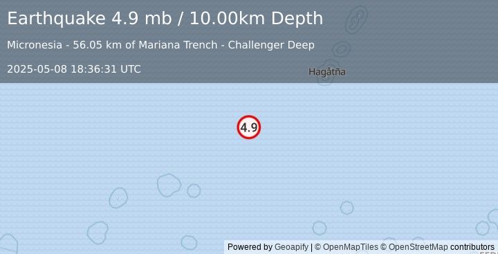 Earthquake 291 km NE of Fais, Micronesia (4.9 mb) (2025-05-08 18:36:31 UTC)
