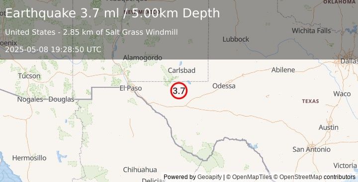 Earthquake 58 km S of Whites City, New Mexico (3.7 ml) (2025-05-08 19:28:50 UTC)