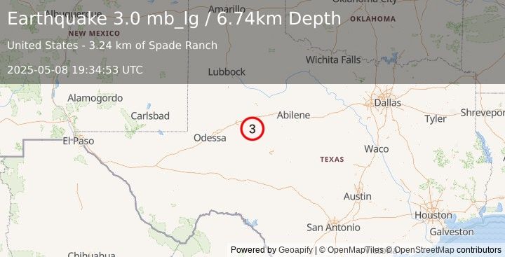 Earthquake 27 km N of Sterling City, Texas (3.0 mb_lg) (2025-05-08 19:34:53 UTC)