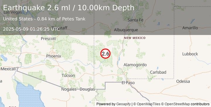 Earthquake 45 km SE of Aragon, New Mexico (2.6 ml) (2025-05-09 01:26:25 UTC)
