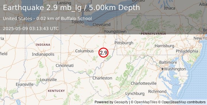 Earthquake 4 km S of Pleasant City, Ohio (2.9 mb_lg) (2025-05-09 03:13:43 UTC)