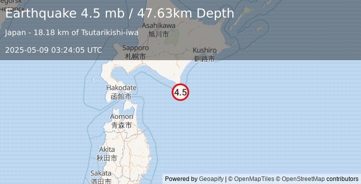 Earthquake 53 km SE of Honchō, Japan (4.5 mb) (2025-05-09 03:24:05 UTC)