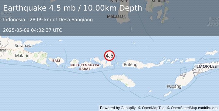 Earthquake 58 km NNE of Bima, Indonesia (4.5 mb) (2025-05-09 04:02:37 UTC)