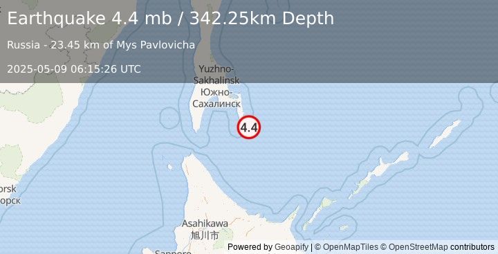 Earthquake 99 km SE of Korsakov, Russia (4.4 mb) (2025-05-09 06:15:26 UTC)