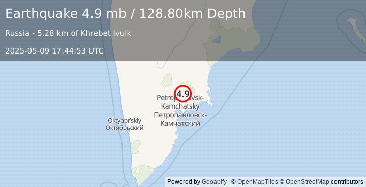 Earthquake 39 km NE of Yelizovo, Russia (4.9 mb) (2025-05-09 17:44:53 UTC)