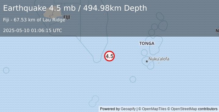 Earthquake 273 km W of Houma, Tonga (4.5 mb) (2025-05-10 01:06:15 UTC)