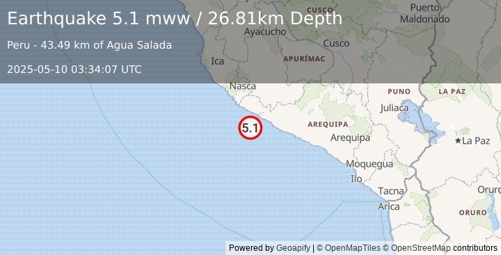 Earthquake 48 km SW of Atiquipa, Peru (5.1 mww) (2025-05-10 03:34:07 UTC)