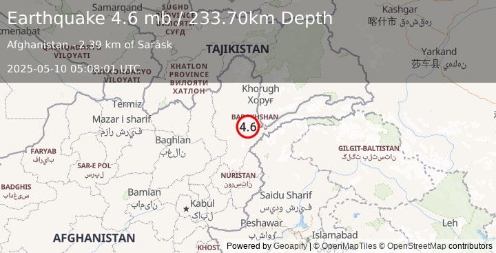 Earthquake 34 km W of Ashkāsham, Afghanistan (4.6 mb) (2025-05-10 05:08:01 UTC)