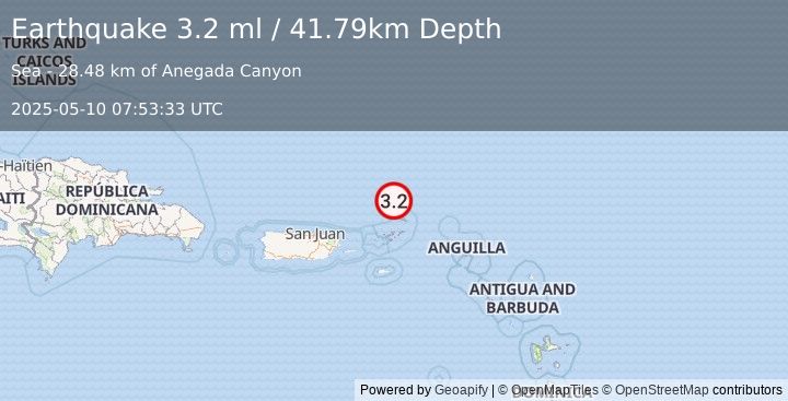 Earthquake 88 km NNE of Cruz Bay, U.S. Virgin Islands (3.2 ml) (2025-05-10 07:53:33 UTC)