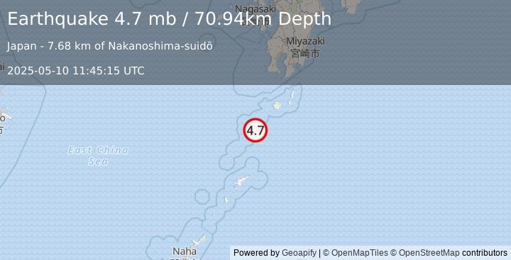Earthquake 83 km SW of Kurio, Japan (4.7 mb) (2025-05-10 11:45:15 UTC)