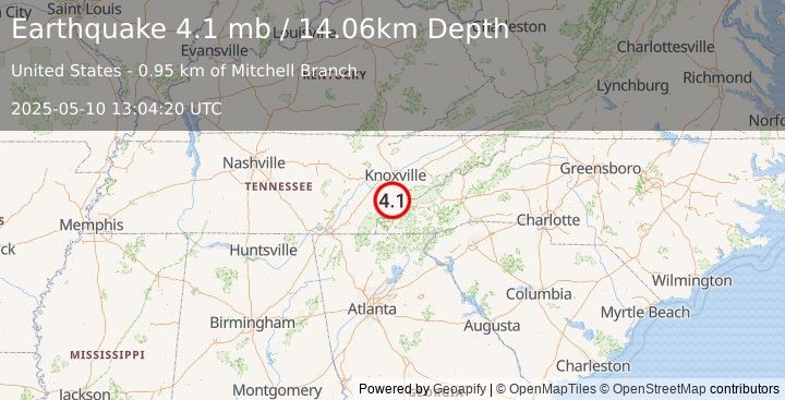 Earthquake 21 km SE of Greenback, Tennessee (4.1 mb) (2025-05-10 13:04:20 UTC)