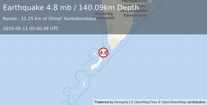 Earthquake 27 km NNE of Severo-Kuril’sk, Russia (4.8 mb) (2025-05-11 05:00:49 UTC)