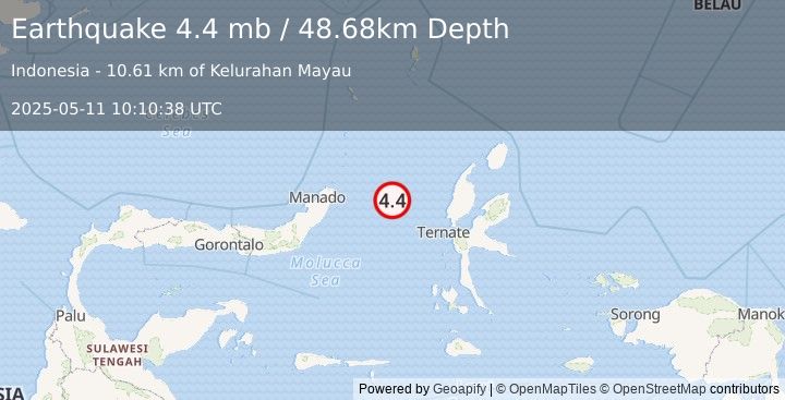 Earthquake 134 km WNW of Ternate, Indonesia (4.4 mb) (2025-05-11 10:10:38 UTC)