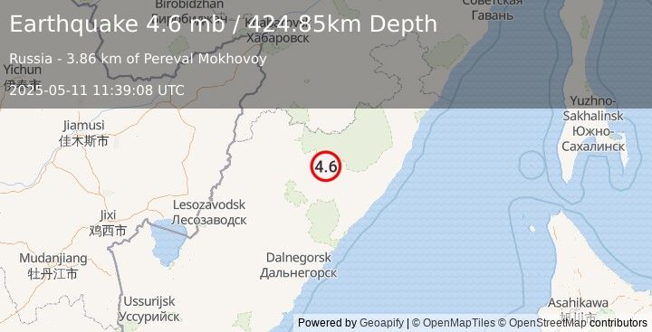 Earthquake 39 km SE of Vostok, Russia (4.6 mb) (2025-05-11 11:39:08 UTC)