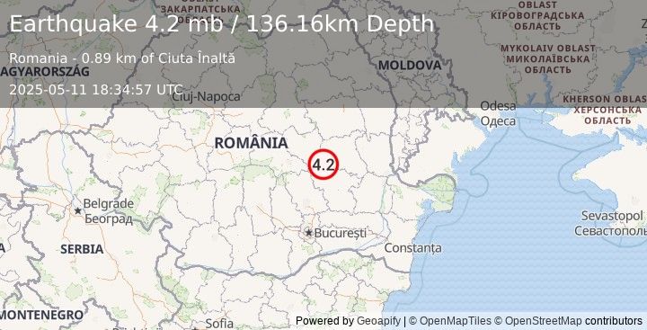 Earthquake 13 km NNE of Gura Teghii, Romania (4.2 mb) (2025-05-11 18:34:57 UTC)