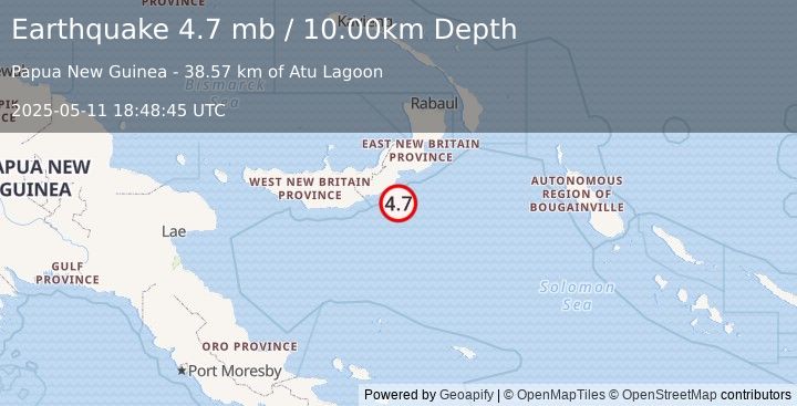 Earthquake 162 km ESE of Kimbe, Papua New Guinea (4.7 mb) (2025-05-11 18:48:45 UTC)