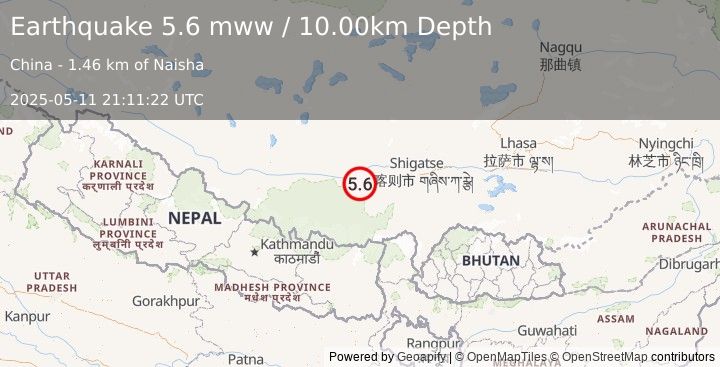 Earthquake 123 km WSW of Rikaze, China (5.6 mww) (2025-05-11 21:11:22 UTC)
