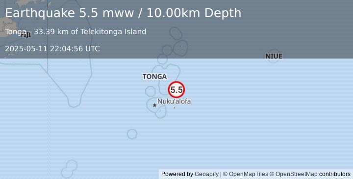 Earthquake 74 km S of Pangai, Tonga (5.5 mww) (2025-05-11 22:04:56 UTC)