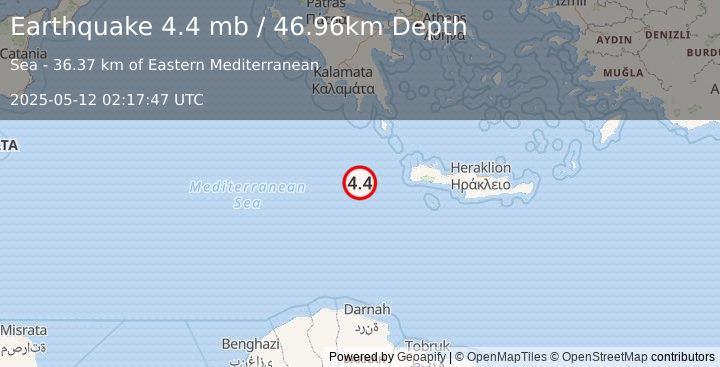 Earthquake 109 km W of Palaióchora, Greece (4.4 mb) (2025-05-12 02:17:47 UTC)