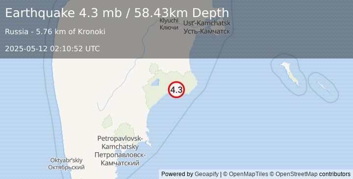 Earthquake 145 km SE of Atlasovo, Russia (4.3 mb) (2025-05-12 02:10:52 UTC)