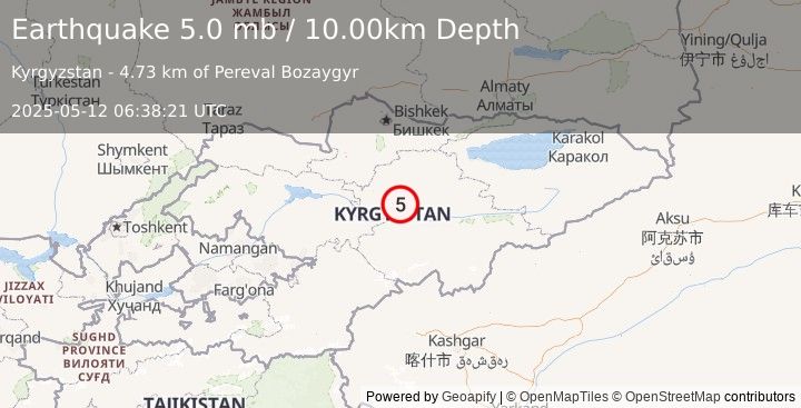Earthquake 43 km N of Baetovo, Kyrgyzstan (5.0 mb) (2025-05-12 06:38:21 UTC)