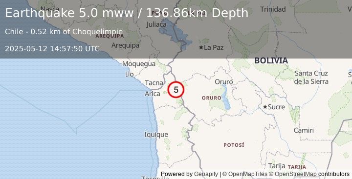 Earthquake 94 km SE of Palca, Peru (5.0 mww) (2025-05-12 14:57:50 UTC)