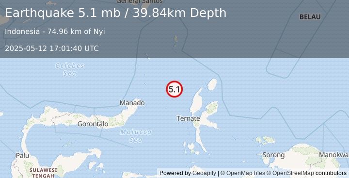 Earthquake 145 km WNW of Tobelo, Indonesia (5.1 mb) (2025-05-12 17:01:40 UTC)