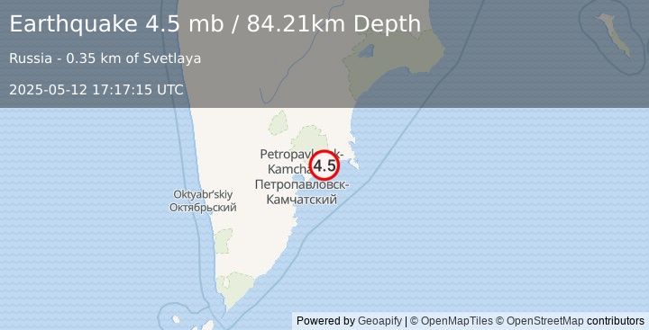Earthquake 40 km ENE of Petropavlovsk-Kamchatsky, Russia (4.5 mb) (2025-05-12 17:17:15 UTC)