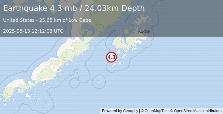 Earthquake 39 km WSW of Akhiok, Alaska (4.3 mb) (2025-05-13 12:12:03 UTC)