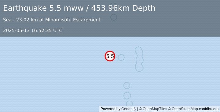 Earthquake Bonin Islands, Japan region (5.5 mww) (2025-05-13 16:52:35 UTC)