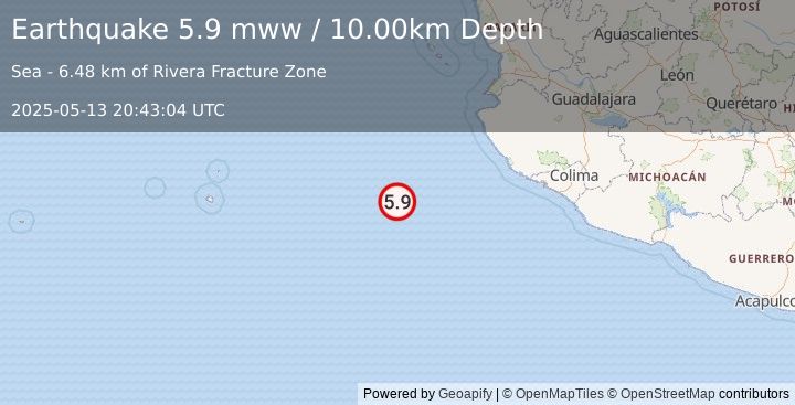 Earthquake 235 km SW of La Cruz de Loreto, Mexico (5.9 mww) (2025-05-13 20:43:04 UTC)
