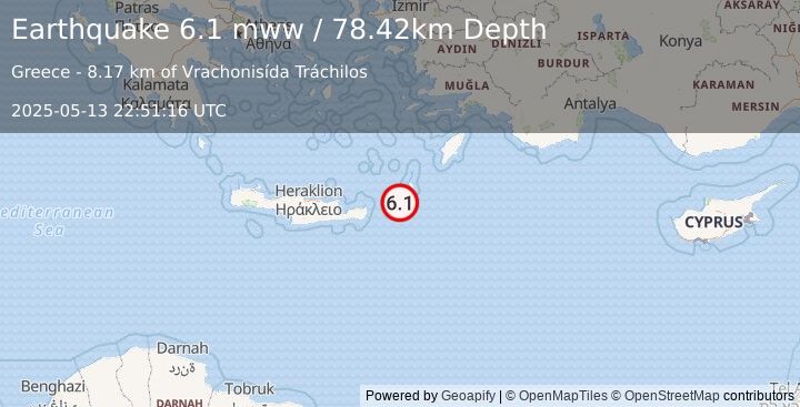 Earthquake 15 km S of Fry, Greece (6.1 mww) (2025-05-13 22:51:16 UTC)