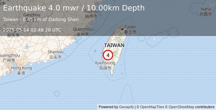 Earthquake 20 km SSE of Pizitou, Taiwan (4.0 mwr) (2025-05-14 02:48:28 UTC)