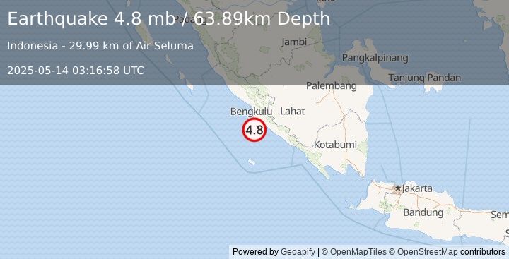 Earthquake 63 km S of Bengkulu, Indonesia (4.8 mb) (2025-05-14 03:16:58 UTC)