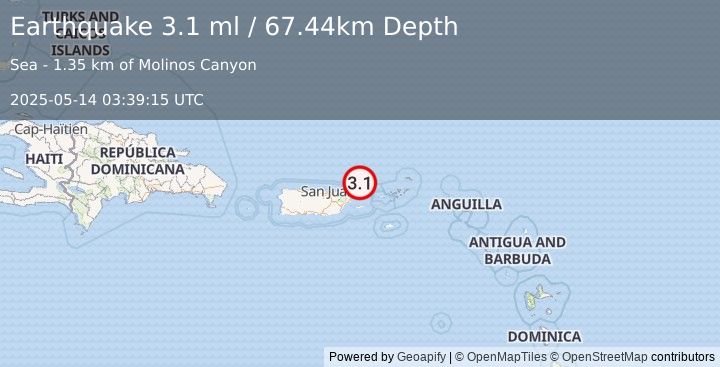 Earthquake 37 km NNW of Culebra, Puerto Rico (3.1 ml) (2025-05-14 03:39:15 UTC)