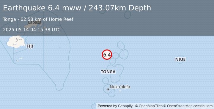 Earthquake 137 km W of Neiafu, Tonga (6.4 mww) (2025-05-14 04:15:38 UTC)