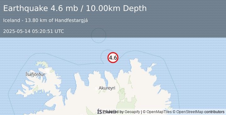 Earthquake 58 km NNW of Norðurþing, Iceland (4.6 mb) (2025-05-14 05:20:51 UTC)