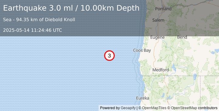 Earthquake 172 km WNW of Port Orford, Oregon (3.0 ml) (2025-05-14 11:24:46 UTC)