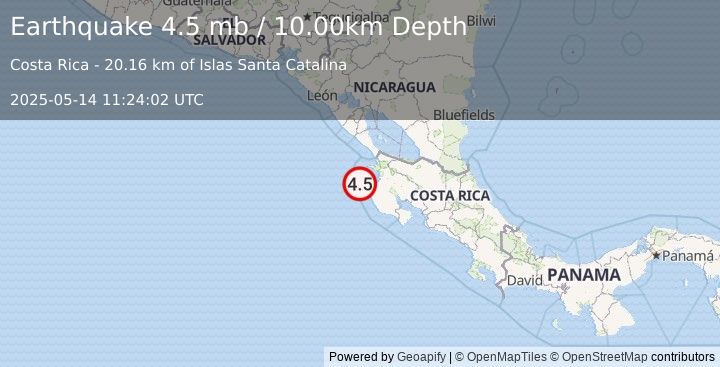Earthquake 34 km NW of Tamarindo, Costa Rica (4.5 mb) (2025-05-14 11:24:02 UTC)