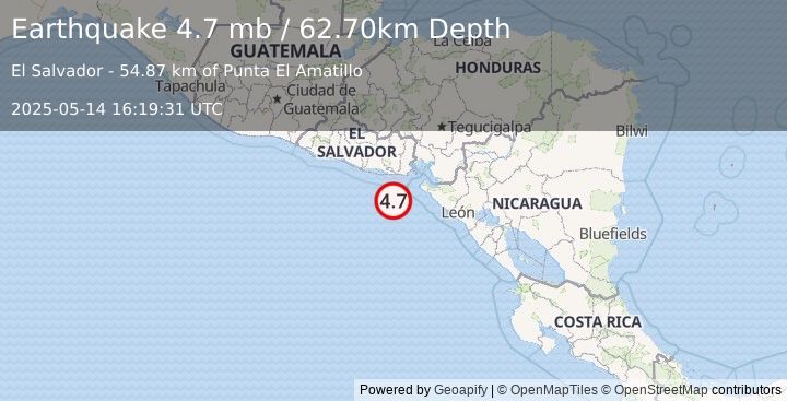 Earthquake 60 km SSW of Intipucá, El Salvador (4.7 mb) (2025-05-14 16:19:31 UTC)