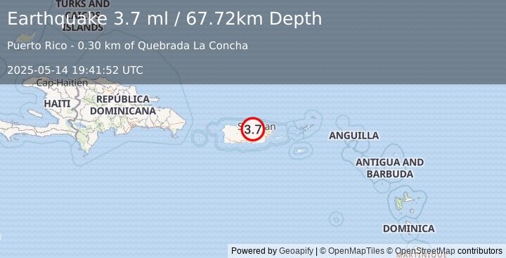 Earthquake 1 km WSW of Mucarabones, Puerto Rico (3.7 ml) (2025-05-14 19:41:52 UTC)