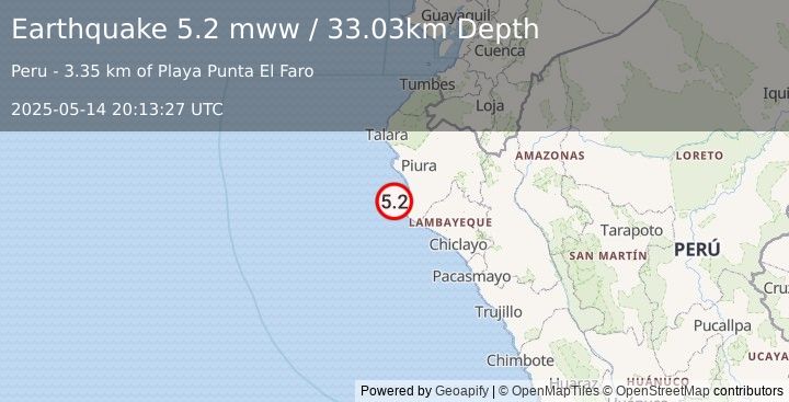 Earthquake 50 km SW of Sechura, Peru (5.2 mww) (2025-05-14 20:13:27 UTC)