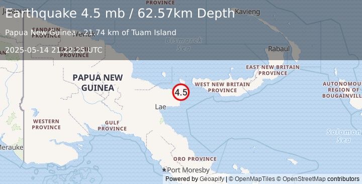 Earthquake 51 km N of Finschhafen, Papua New Guinea (4.5 mb) (2025-05-14 21:22:25 UTC)