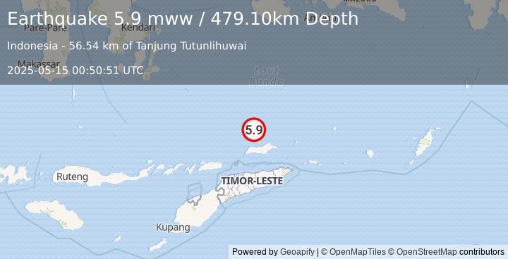 Earthquake 148 km N of Manatutu, Timor Leste (5.9 mww) (2025-05-15 00:50:51 UTC)