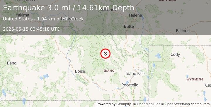 Earthquake 8 km NNW of Challis, Idaho (3.0 ml) (2025-05-15 03:45:18 UTC)