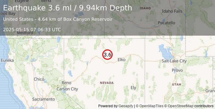 Earthquake 45 km NE of Valmy, Nevada (3.6 ml) (2025-05-15 07:06:33 UTC)