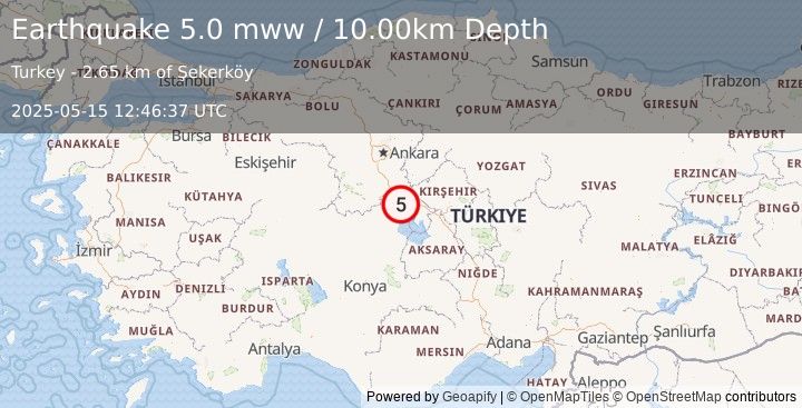 Earthquake 11 km ENE of Kulu, Turkey (5.0 mww) (2025-05-15 12:46:37 UTC)