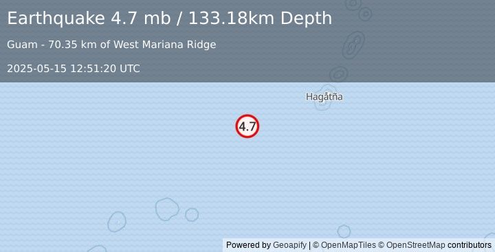 Earthquake 269 km WSW of Merizo Village, Guam (4.7 mb) (2025-05-15 12:51:20 UTC)