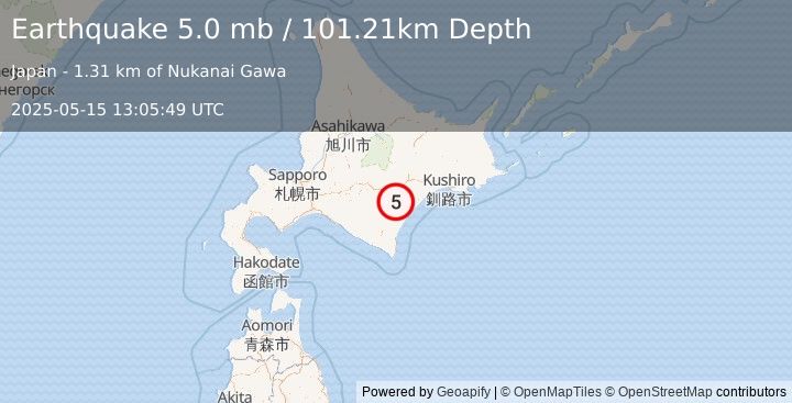 Earthquake 16 km SE of Obihiro, Japan (5.0 mb) (2025-05-15 13:05:49 UTC)